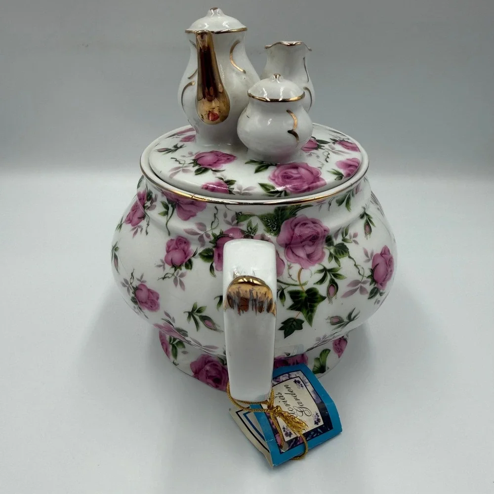 Victoria's Garden Tea Room Pink Rose Porcelain Teapot with Miniature Set Lid NEW
